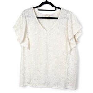 French Laundry White Eyelet Lace Flutter Sleeve V-Neck Blouse Top Spring Cottage